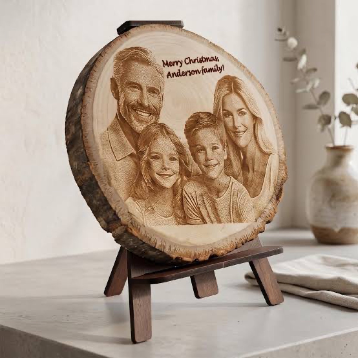 Family Christmas photo wood round